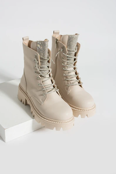 Pembe Potin Taş Detaylı Fermuar & Bağcık Sıcak Astar Kadın Bot 57-274-23 - Resim 5