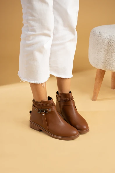 Pembe Potin Fermuarlı Zincirli Rahat Taban Kadın Bot 57-0100-23Cilt - Resim 10