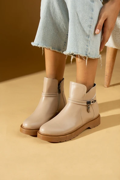 Pembe Potin Toka Detaylı Kauçuk Taban Fermuarlı Kadın Bot & Bootie 59-2003-23Cilt - Resim 2