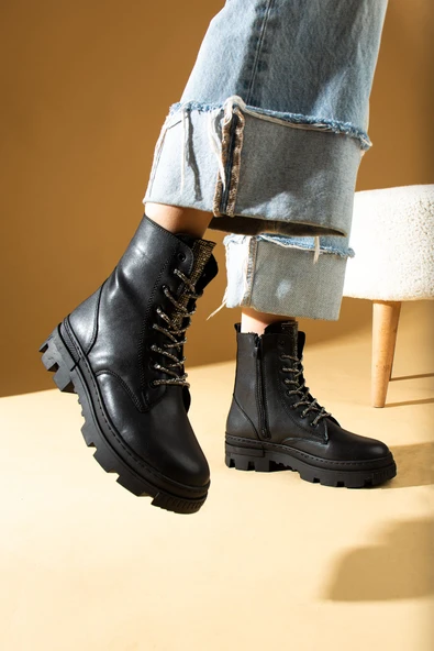 Pembe Potin Taş Detaylı Fermuar & Bağcık Sıcak Astar Kadın Bot 57-274-23 ürün görseli