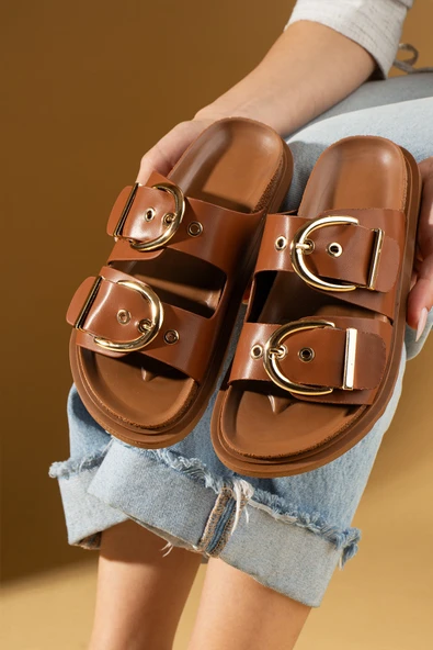 Pembe Potin Geniş Çift Gold Tokalı Rahat Kalıp Kadın Terlik 024-1001-25Cilt - Resim 3