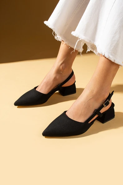 Pembe Potin Sivri Burun Saten Kumaş Slingback Kadın Topuklu Ayakkabı 87-151-25Saten - 2