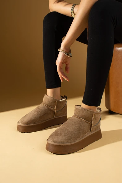 Pembe Potin İçi Yünlü Bilekte Rahat Kalıp Kalın Taban Mini Kadın Bot 007-1999-23Nubuk - Resim 5