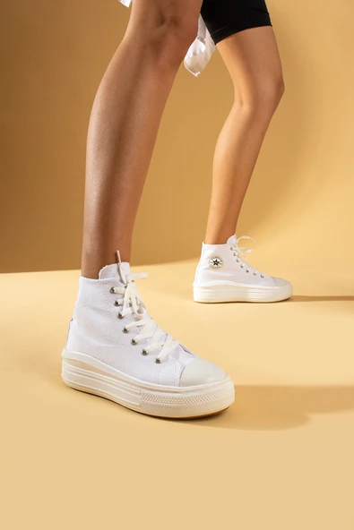Pembe Potin Bağcıklı Kalın Taban Bilekte Keten Kadın Sneaker 57-103-23Fhn - 8