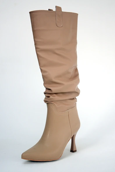 Pembe Potin Kadeh Topuk Büzgülü Moda Diz Altı Kadın Çizme 012-4001-22Cilt - 10