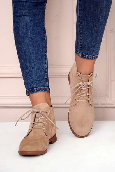 Pembe Potin Rahat Kalıp Bağcıklı Kadın Bot&Bootie 020-4070-22Süet - Resim 8