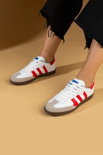 Pembe Potin Bağcıklı Comfort Taban 3 Şeritli Kadın Sneaker 001-1009-24BeyazKırmızı - 1