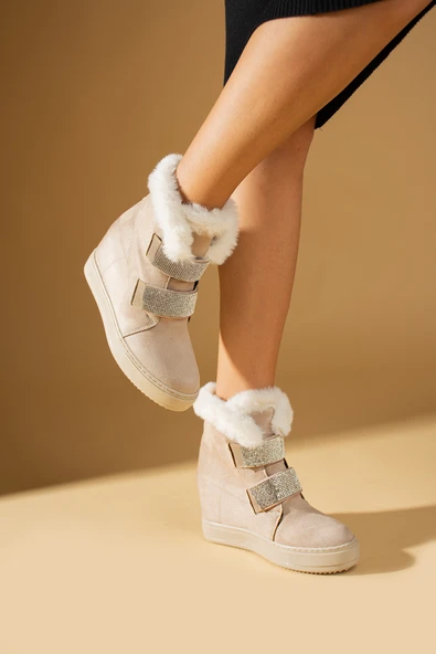 Pembe Potin İçi Kürklü Rahat Taban Taşlı Gizli Topuklu Kadın Bot&Bootie 43-415-23Süet - Resim 7