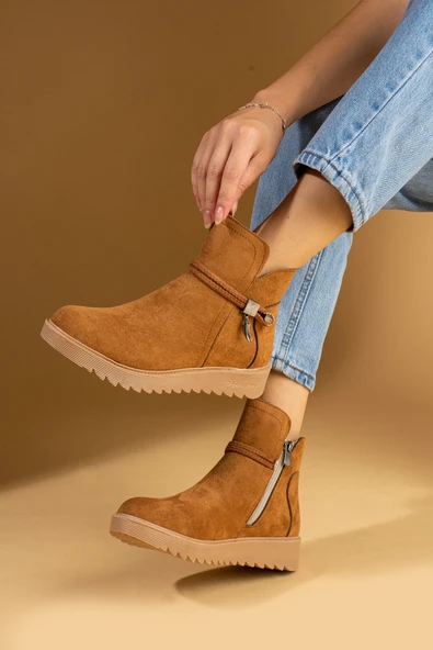 Pembe Potin Toka Detaylı Kauçuk Taban Fermuarlı Kadın Bot & Bootie 59-2003-23Süet - Resim 7