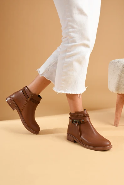 Pembe Potin Fermuarlı Zincirli Rahat Taban Kadın Bot 57-0100-23Cilt - Resim 2