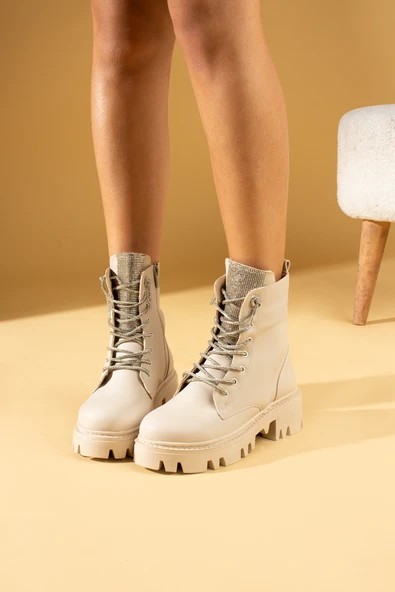 Pembe Potin Taş Detaylı Fermuar & Bağcık Sıcak Astar Kadın Bot 57-274-23 - Resim 3