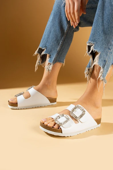 Pembe Potin Taş Tokalı Mantar Taban Comfort Kadın Terlik 011-108-24 - Resim 2