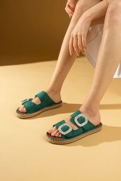 Pembe Potin Hasır Taban Taşlı Çift Tokalı Comfort Taban Kadın Terlik 001-2301-24Süet - Resim 12