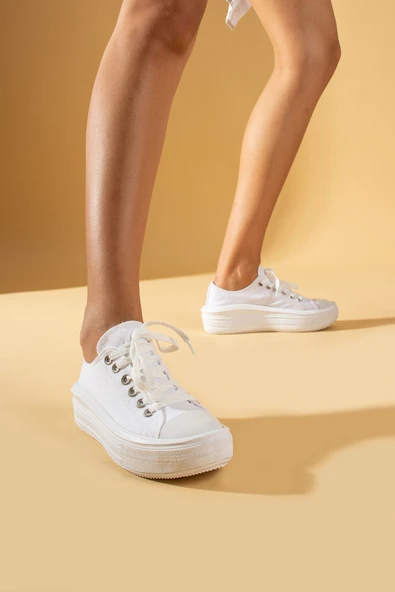 Pembe Potin Bağcıklı Kalın Taban Keten Kadın Sneaker 57-101-23 - 2