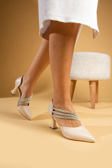 Pembe Potin Yanı Açık Taşlı Bant Kadeh Topuklu Kadın Ayakkabı 018-51-24Cilt - Resim 4