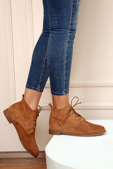 Pembe Potin Rahat Kalıp Bağcıklı Kadın Bot&Bootie 020-4070-22Süet - Resim 10