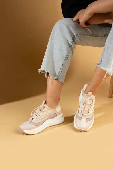Pembe Potin Yüksek Taban Lastik Bağcıklı Fileli Kadın Sneaker 36-728-24 - 5