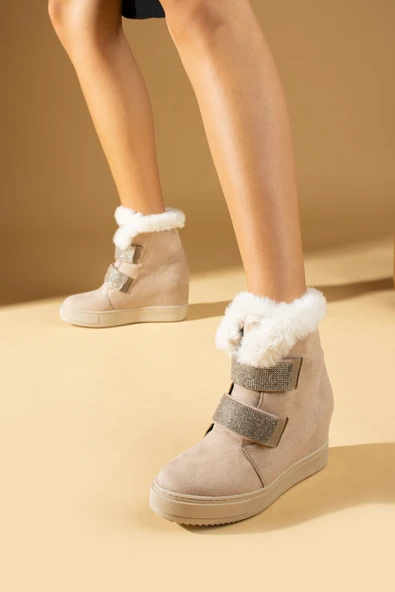 Pembe Potin İçi Kürklü Rahat Taban Taşlı Gizli Topuklu Kadın Bot&Bootie 43-415-23Süet - Resim 2