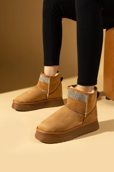 Pembe Potin Parlak Taşlı İçi Peluş Kalın Taban Mini Kadın Bot & Bootie 007-1995-23Süet - Resim 3