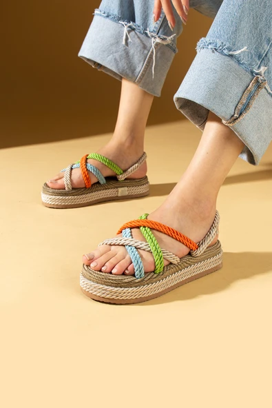 Pembe Potin Kalın Taban Çapraz Bant Hasır Kadın Sandalet 30-15-24 - Resim 2