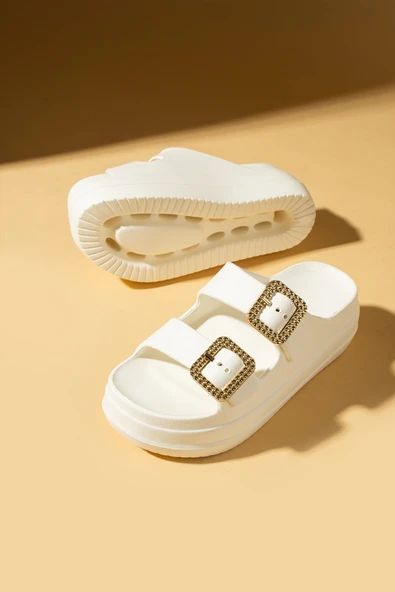 Pembe Potin Kalın Eva Taban Çift Ayarlanabilir Gold Tokalı Kadın Terlik 011-03-25 - Resim 7