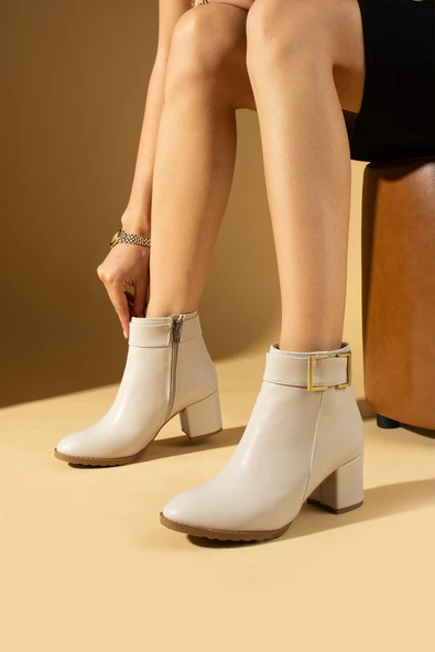 Pembe Potin Toka Detaylı Fermuarlı Kalın Topuklu Kadın Bot 018-301-23Cilt - Resim 2