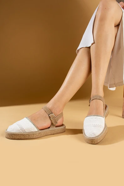 Pembe Potin Tokalı Hasır Desenli Comfort Taban Triko Kadın Sandalet 67-102-24 - Resim 5