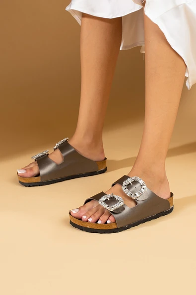 Pembe Potin Taş Tokalı Mantar Taban Comfort Kadın Terlik 011-108-24 - Resim 4