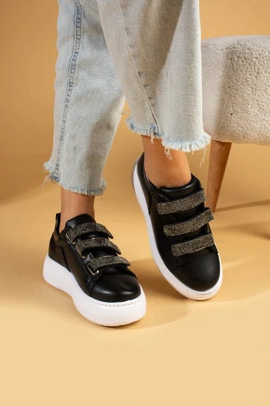 Pembe Potin 3 Bant Taşlı Yüksek Taban Comfort Kadın Sneaker 36-729-24SiyahBeyaz - 2