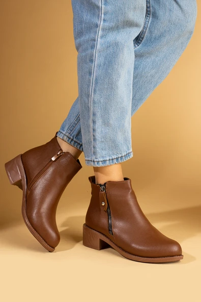 Pembe Potin Rahat Kalıp Bilek Boy Fermuarlı Kadın Bot 57-03-23Cilt - Resim 8