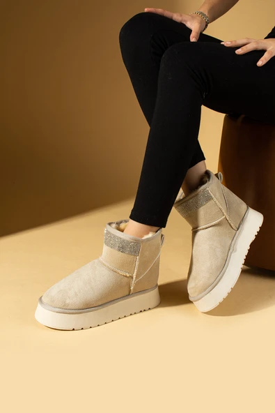 Pembe Potin Parlak Taşlı İçi Peluş Kalın Taban Mini Kadın Bot & Bootie 007-1995-23Süet - Resim 5