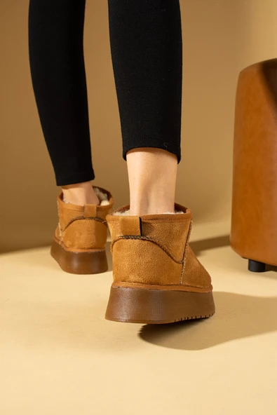 Pembe Potin İçi Yünlü Bilekte Rahat Kalıp Kalın Taban Mini Kadın Bot 007-1999-23Nubuk - Resim 9