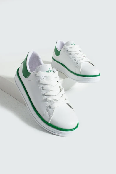 Pembe Potin Rahat Taban Renk Şeritli Bağcıklı Kadın Sneaker 001-340-24BYeşil - 4