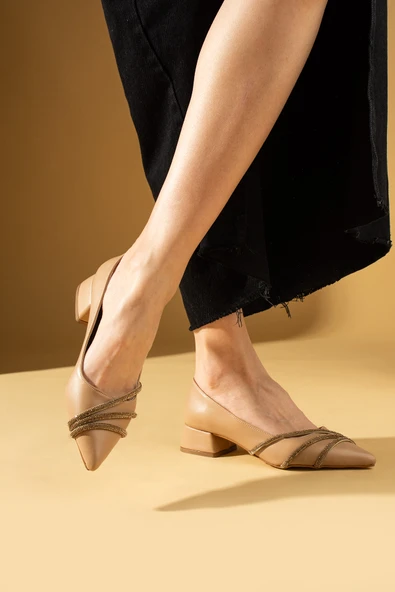 Pembe Potin 3 Bant Taş Şeritli Sivri Burun Kadın Topuklu Ayakkabı 025-39-24 - Resim 9