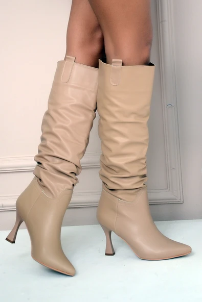 Pembe Potin Kadeh Topuk Büzgülü Moda Diz Altı Kadın Çizme 012-4001-22Cilt