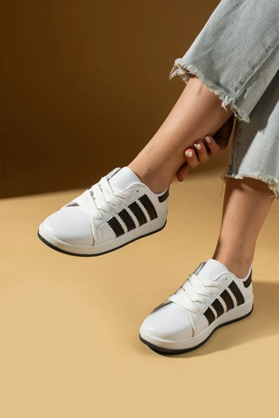 Pembe Potin Bağcıklı Rahat Kalıp Şerit Detaylı Comfort Kadın Sneaker 001-1015-24Syh - 2