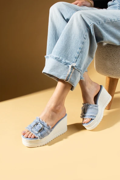 Pembe Potin Dolgu Topuklu Kumaş Bantlı Tokalı Kadın Terlik 59-98-25Keten - Resim 10