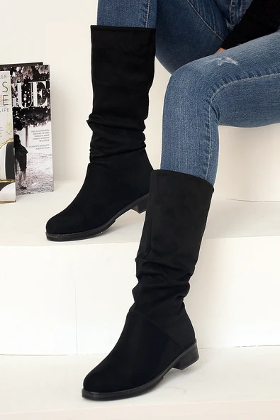 Pembe Potin Rahat Taban Körüklü Moda Kadın Bot A112-20Siyah Süet - Resim 3