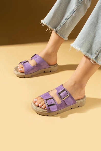 Pembe Potin Çift Ayarlanabilir Tokalı Önü Açık Kadın Terlik 020-729-25Süet - Resim 7