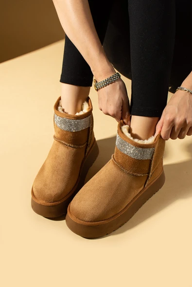 Pembe Potin Parlak Taşlı İçi Peluş Kalın Taban Mini Kadın Bot & Bootie 007-1995-23Süet - Resim 7