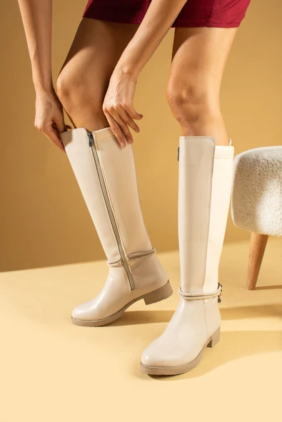 Pembe Potin Taşlı Diz Altı Esneyebilen Kumaşlı Streç Kadın Çizme 59-8893-23 - 2