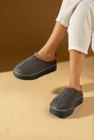 Pembe Potin Kalın Taban İçi Kürklü Kadın Ev Terliği 007-2000-23SüetUgg - 12