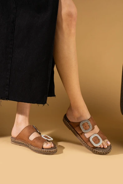 Pembe Potin Hasır Taban Taşlı Çift Tokalı Comfort Taban Kadın Terlik 001-2301-24Süet - Resim 10