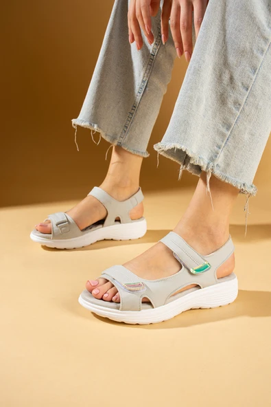 Pembe Potin Deri Görünümlü Comfort Taban Çift Bantlı Kadın Sandalet 59-78-24 - Resim 5