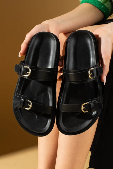 Pembe Potin Çift Gold Tokalı Rahat Kalıp Kadın Terlik 024-0804-25 - Resim 2