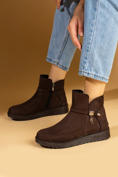 Pembe Potin Toka Detaylı Kauçuk Taban Fermuarlı Kadın Bot & Bootie 59-2003-23Süet - Resim 4