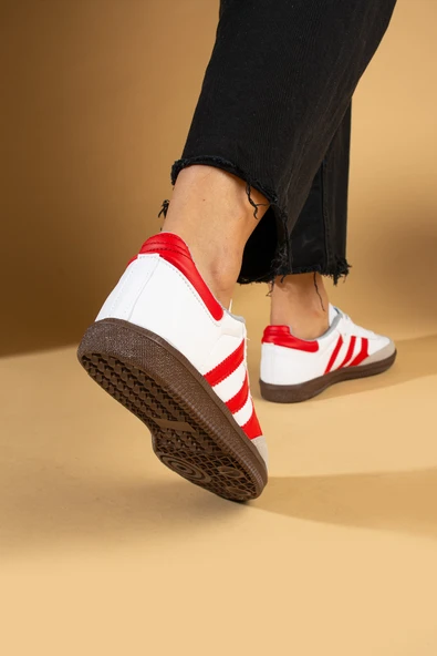 Pembe Potin Bağcıklı Comfort Taban 3 Şeritli Kadın Sneaker 001-1009-24BeyazKırmızı - 3