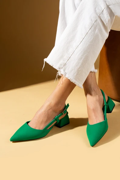 Pembe Potin Sivri Burun Saten Kumaş Slingback Kadın Topuklu Ayakkabı 87-151-25Saten - 10