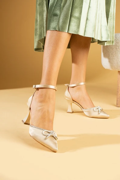 Pembe Potin Taşlı Fiyonk Bilek Bağlama Kadeh Topuklu Kadın Ayakkabı 018-52-24Saten - Resim 8