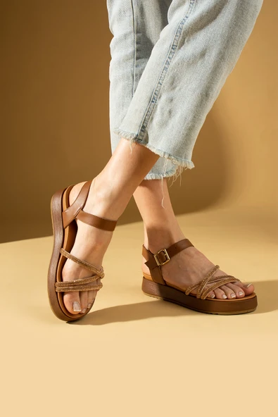 Pembe Potin 3 Bant Taş İşlemeli Kalın Taban Tokalı Kadın Sandalet 70-0234-24 - Resim 6